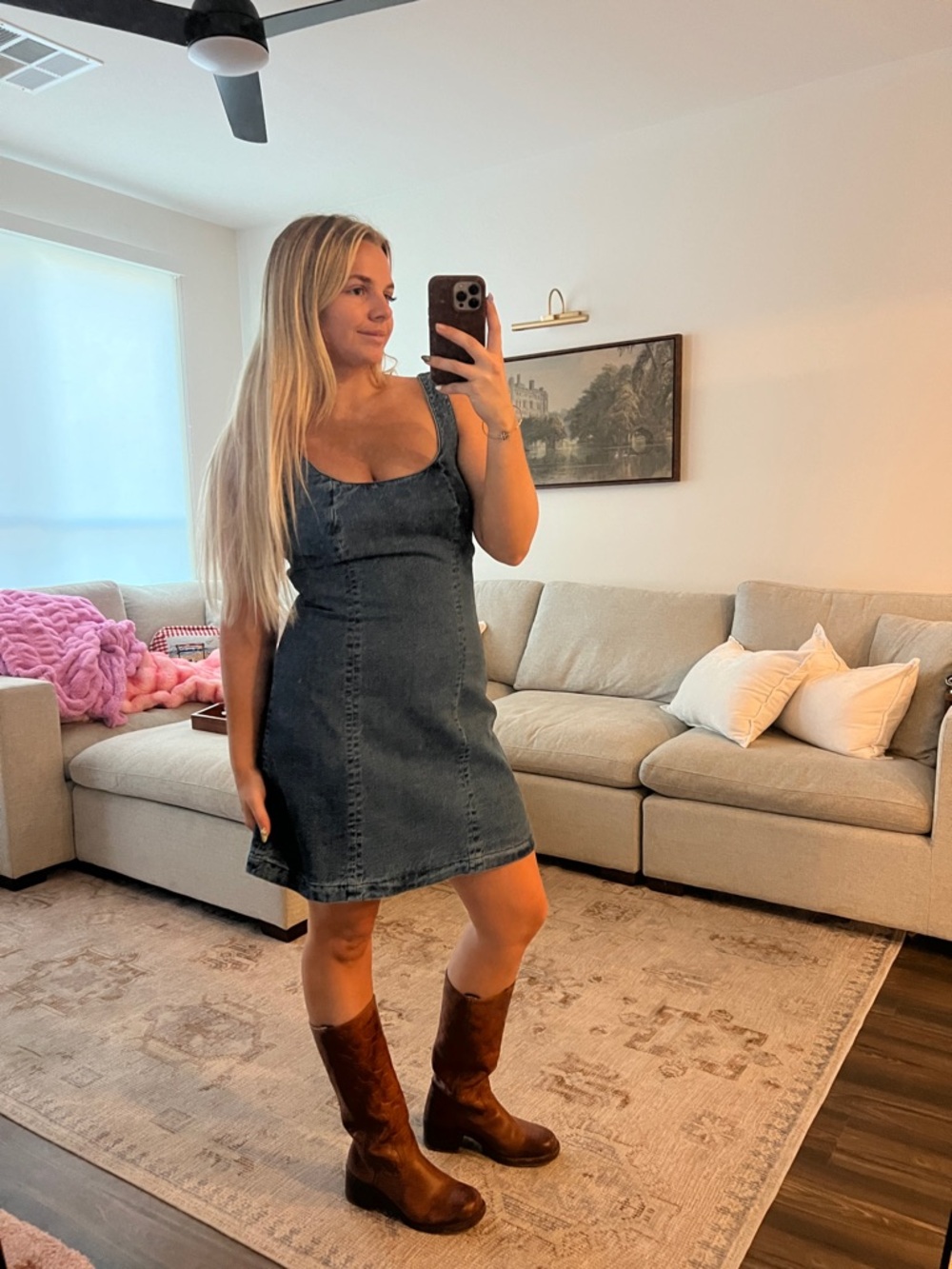 Avec Les Filles Dark Blue Denim Scoop-Neck Mini Dress